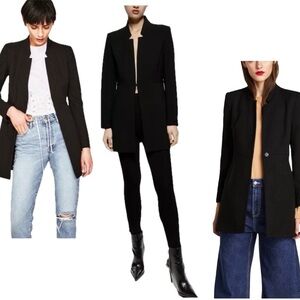 Zara navy blue inverted lapel long blazer coat jacket Sz S